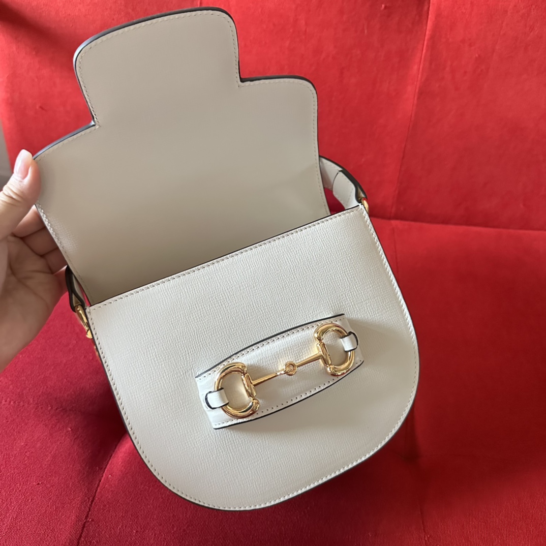 Gucci GG Women Gucci Horsebit 1955 Mini Rounded Bag White Leather Cotton Linen Lining