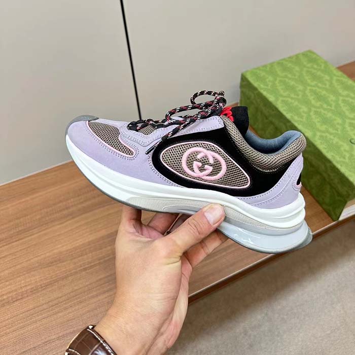Gucci Unisex GG Run Sneaker Lilac Suede Interlocking G Bi-Color Rubbe Low Heel
