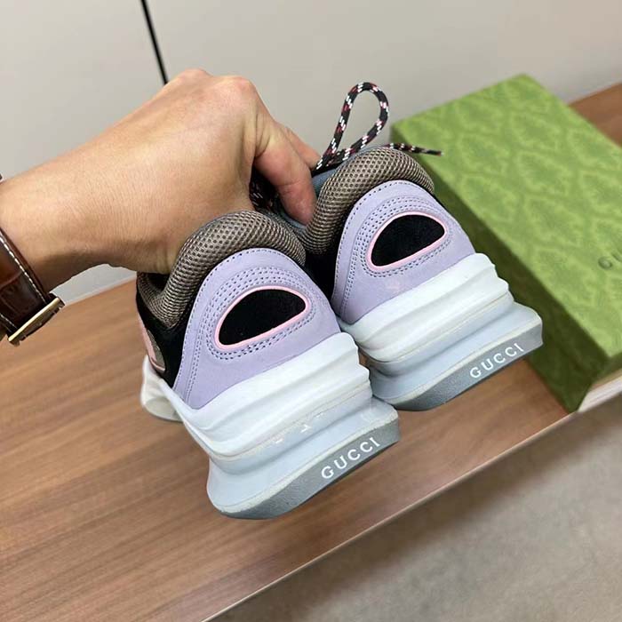 Gucci Unisex GG Run Sneaker Lilac Suede Interlocking G Bi-Color Rubbe Low Heel