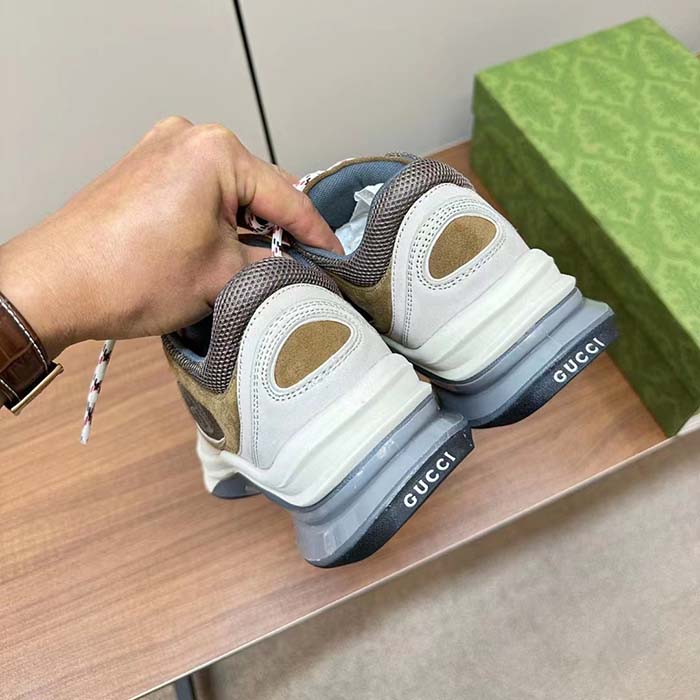 Gucci Unisex Run Sneaker Light Grey Suede Interlocking G Bi-Color Rubbe Low Heel