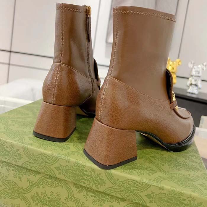 Gucci Women GG Boots Horsebit Brown Smooth Leather Stretch Leather Mid 5.3 CM Heel