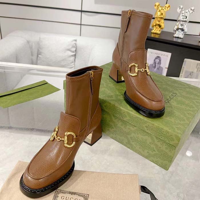 Gucci Women GG Boots Horsebit Brown Smooth Leather Stretch Leather Mid 5.3 CM Heel