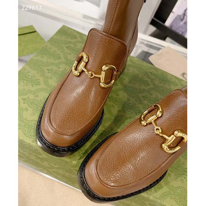 Gucci Women GG Boots Horsebit Brown Smooth Leather Stretch Leather Mid 5.3 CM Heel