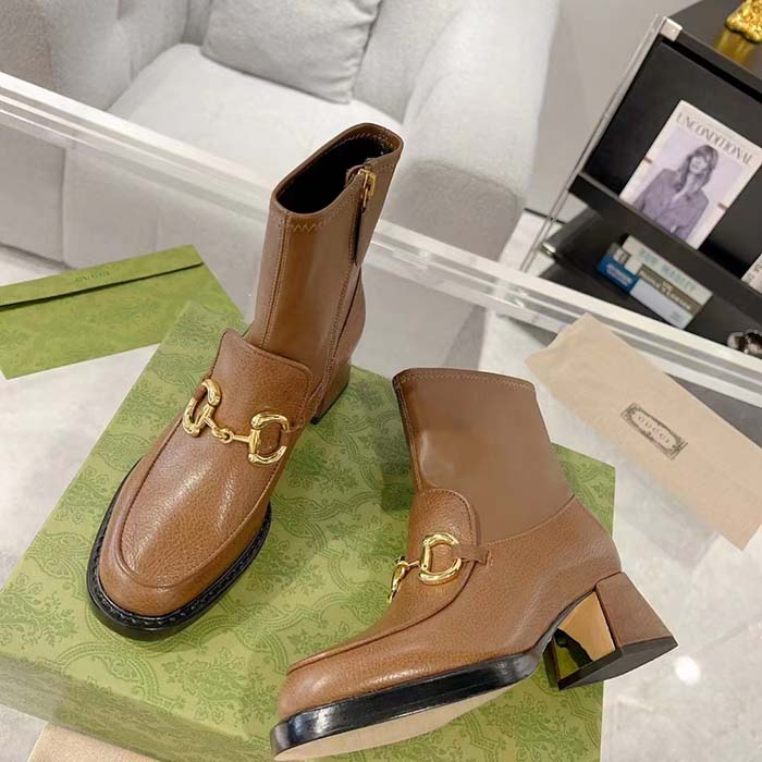 Gucci Women GG Boots Horsebit Brown Smooth Leather Stretch Leather Mid 5.3 CM Heel