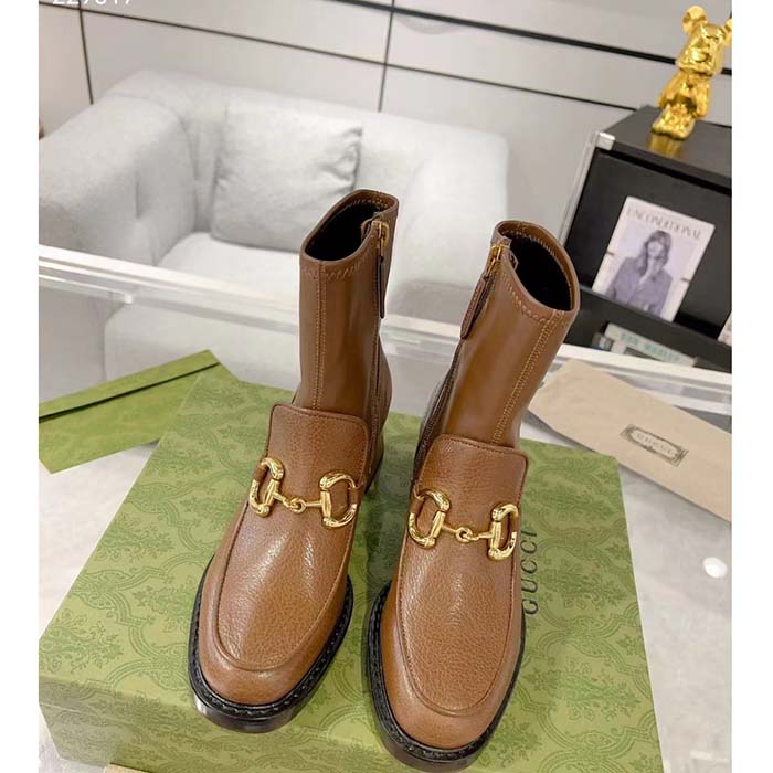 Gucci Women GG Boots Horsebit Brown Smooth Leather Stretch Leather Mid 5.3 CM Heel