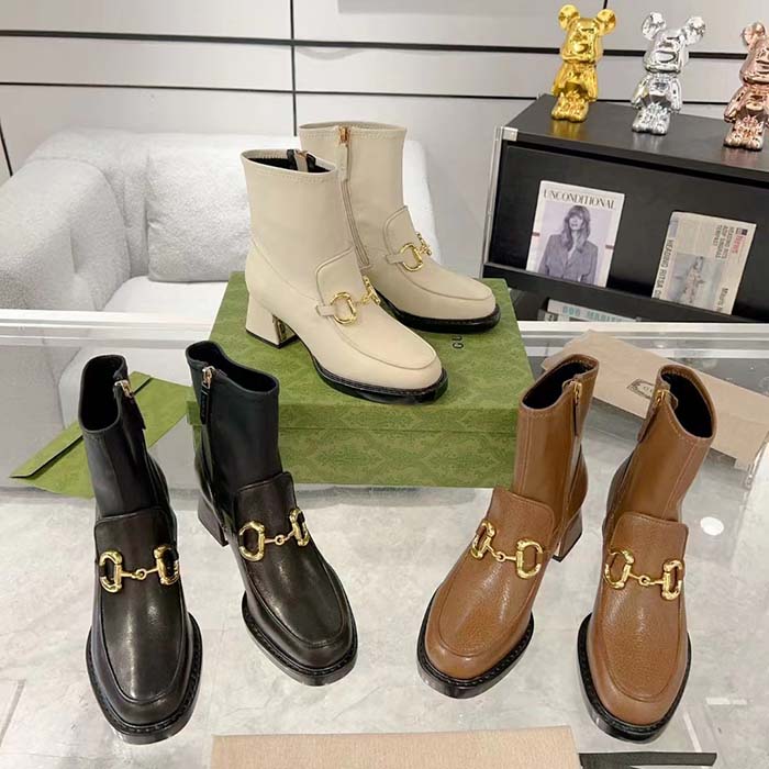 Gucci Women GG Boots Horsebit Brown Smooth Leather Stretch Leather Mid 5.3 CM Heel