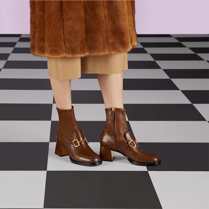 Gucci Women GG Boots Horsebit Brown Smooth Leather Stretch Leather Mid 5.3 CM Heel