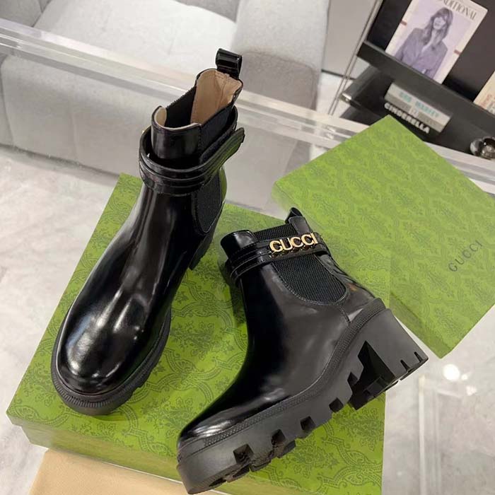 Gucci Women GG Mid-Heel Boot Logo Black Shiny Leather Heel Loop Pull Lug Rubber