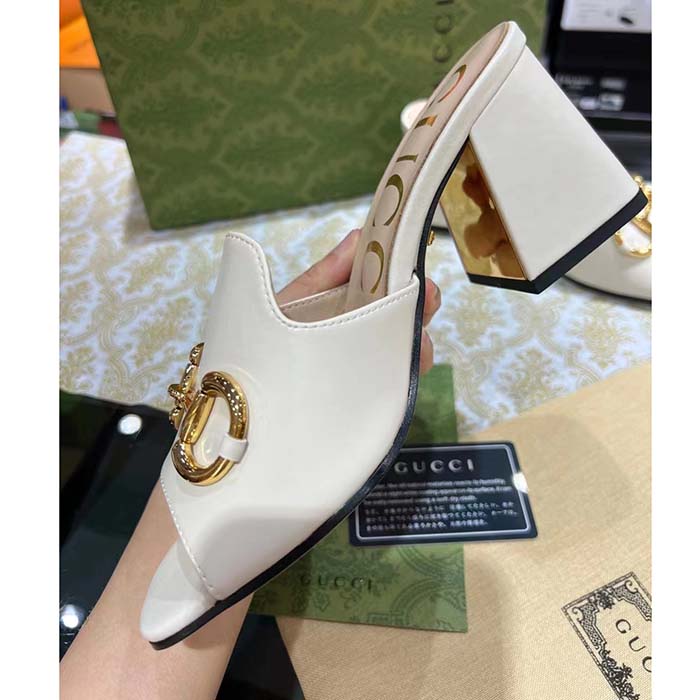 Gucci Women GG Slide Sandal Horsebit White Leather Metal Heel Leather Sole Mid-Heel