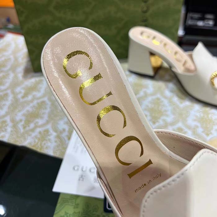 Gucci Women GG Slide Sandal Horsebit White Leather Metal Heel Leather Sole Mid-Heel