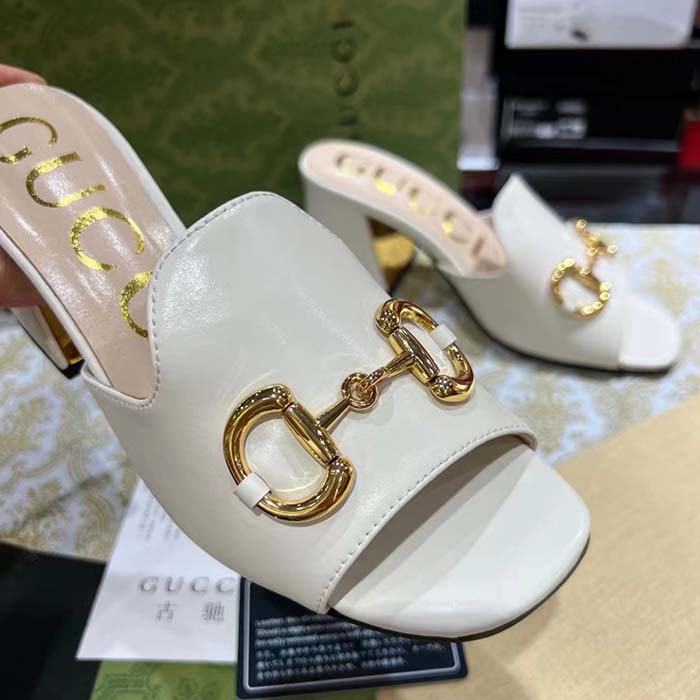 Gucci Women GG Slide Sandal Horsebit White Leather Metal Heel Leather Sole Mid-Heel