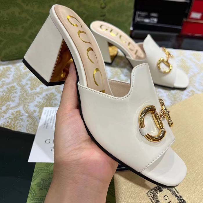 Gucci Women GG Slide Sandal Horsebit White Leather Metal Heel Leather Sole Mid-Heel