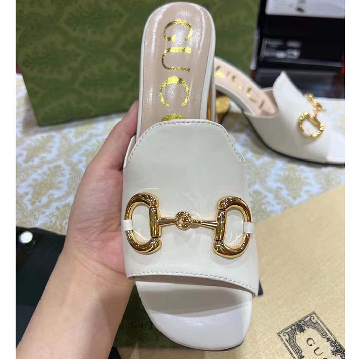 Gucci Women GG Slide Sandal Horsebit White Leather Metal Heel Leather Sole Mid-Heel