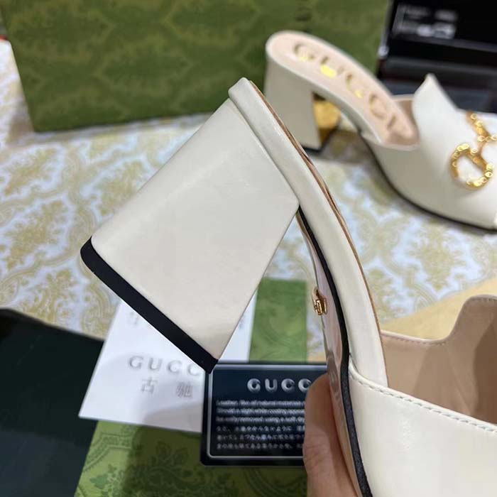 Gucci Women GG Slide Sandal Horsebit White Leather Metal Heel Leather Sole Mid-Heel