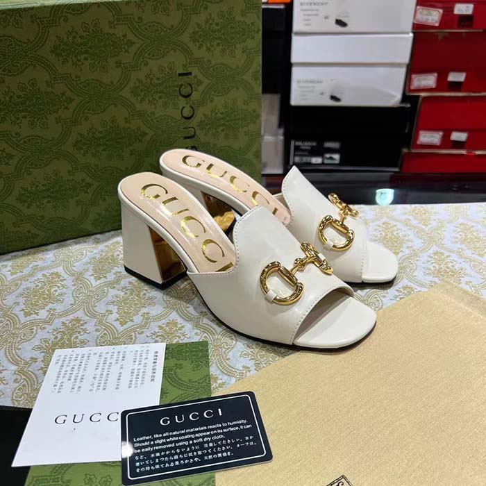 Gucci Women GG Slide Sandal Horsebit White Leather Metal Heel Leather Sole Mid-Heel