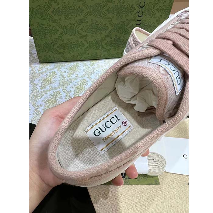 Gucci Women GG Sneaker Pink Original Canvas Rubber Interlocking G Lace-Up Flat