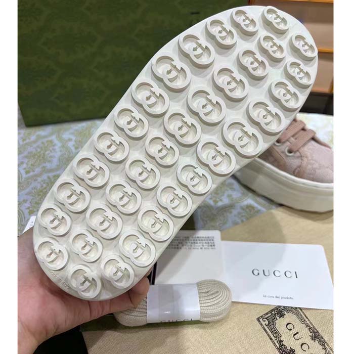 Gucci Women GG Sneaker Pink Original Canvas Rubber Interlocking G Lace-Up Flat