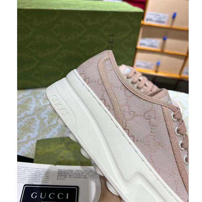 Gucci Women GG Sneaker Pink Original Canvas Rubber Interlocking G Lace-Up Flat