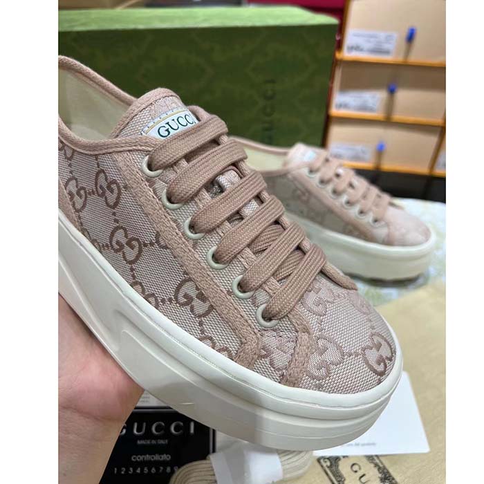 Gucci Women GG Sneaker Pink Original Canvas Rubber Interlocking G Lace-Up Flat