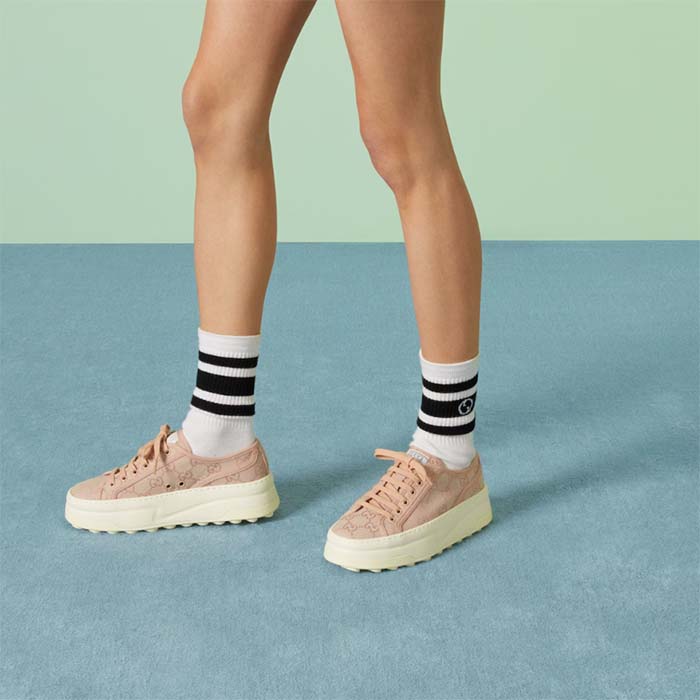 Gucci Women GG Sneaker Pink Original Canvas Rubber Interlocking G Lace-Up Flat