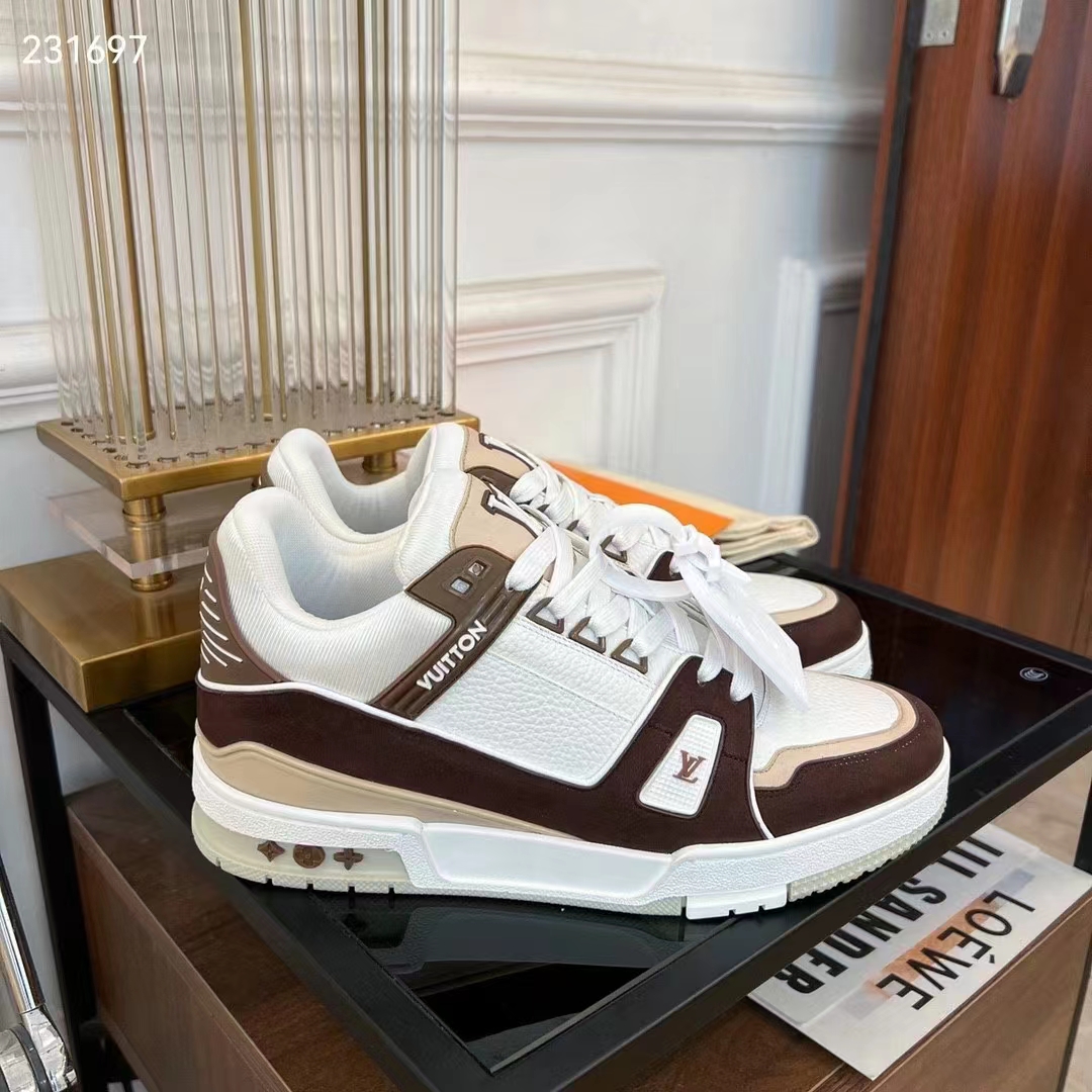 Louis Vuitton Unisex LV Trainer Sneaker Moka Brown Nubuck Calf Leather Grained Calf Leather