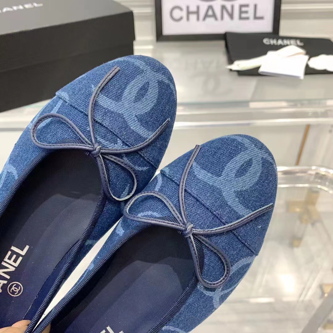 Chanel Women CC Ballet Flats Printed Denim Dark Blue White