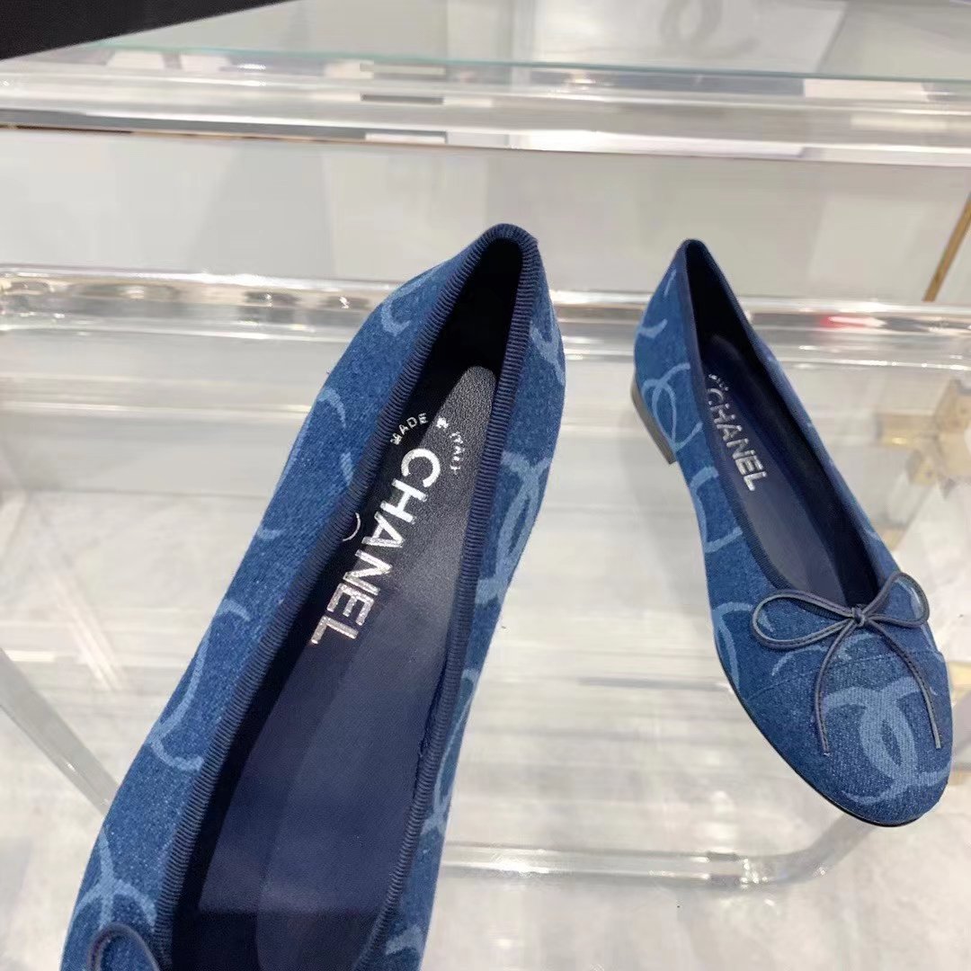Chanel Women CC Ballet Flats Printed Denim Dark Blue White