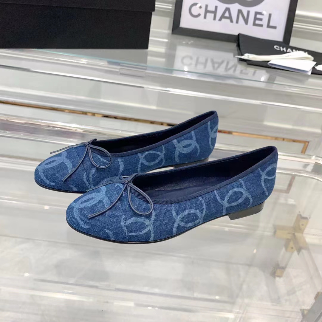 Chanel Women CC Ballet Flats Printed Denim Dark Blue White