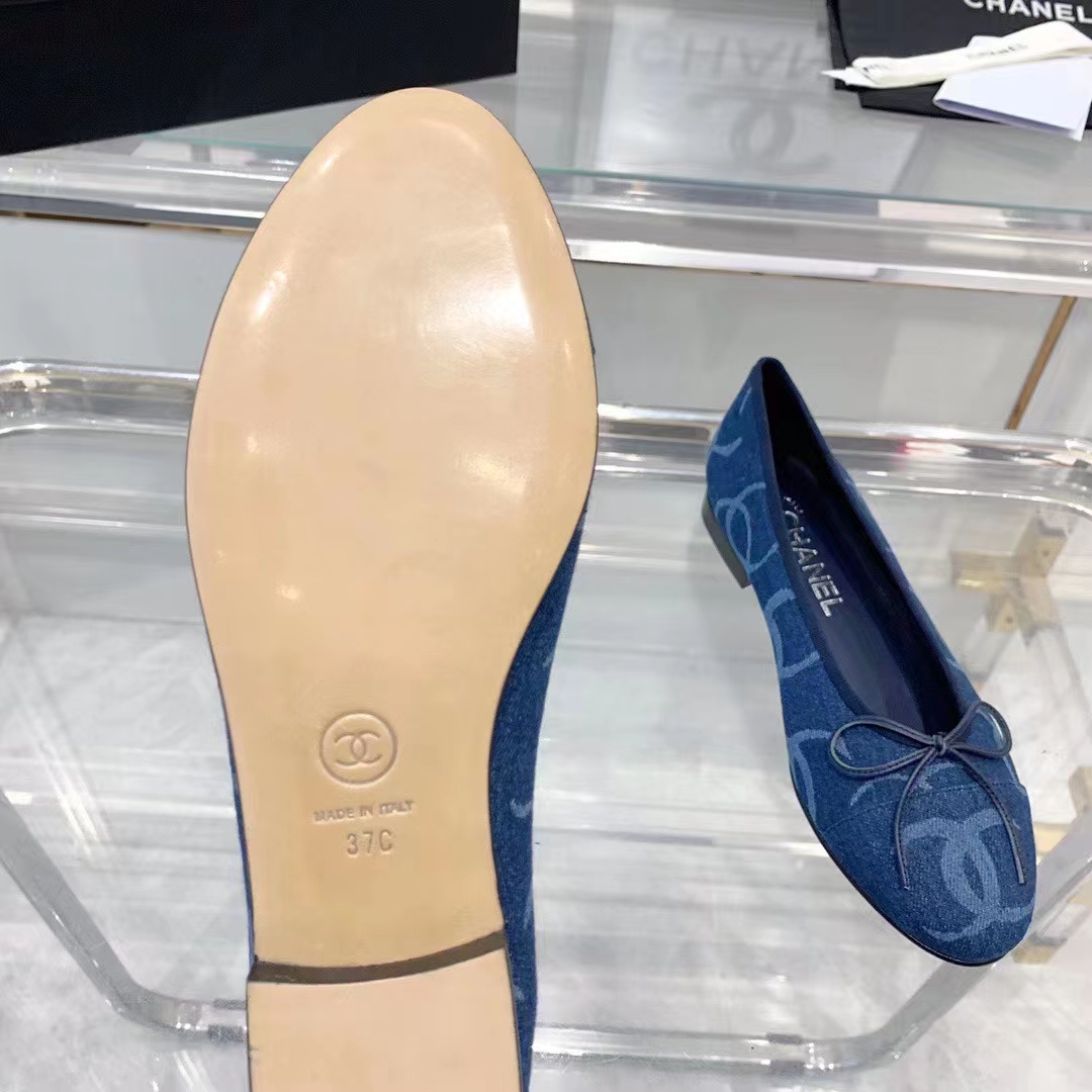 Chanel Women CC Ballet Flats Printed Denim Dark Blue White