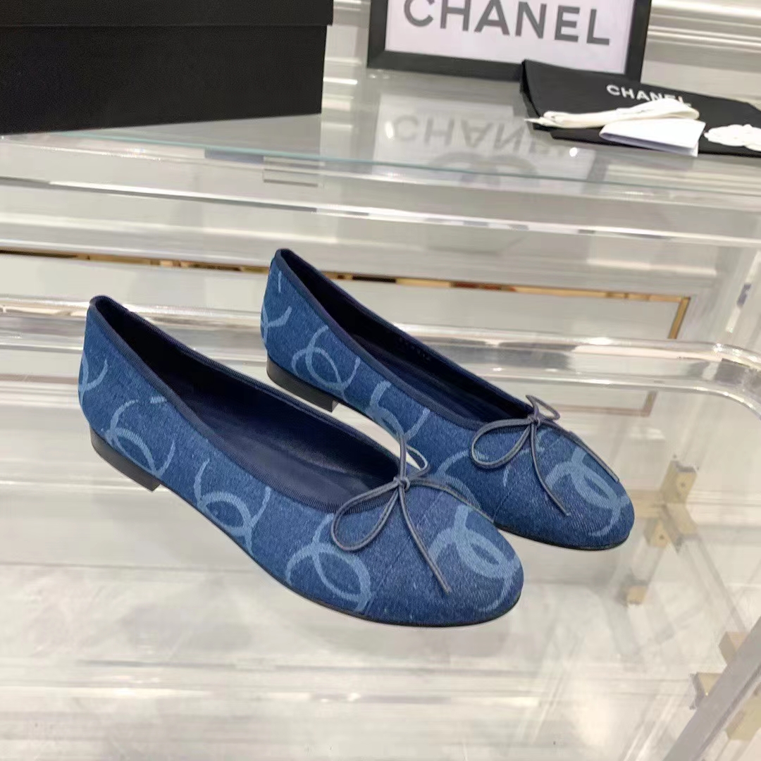 Chanel Women CC Ballet Flats Printed Denim Dark Blue White