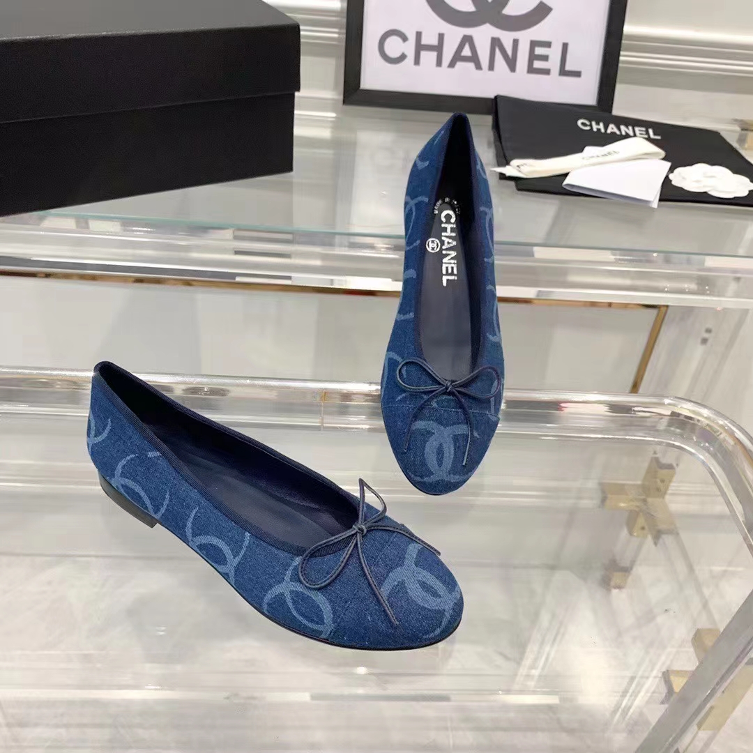 Chanel Women CC Ballet Flats Printed Denim Dark Blue White