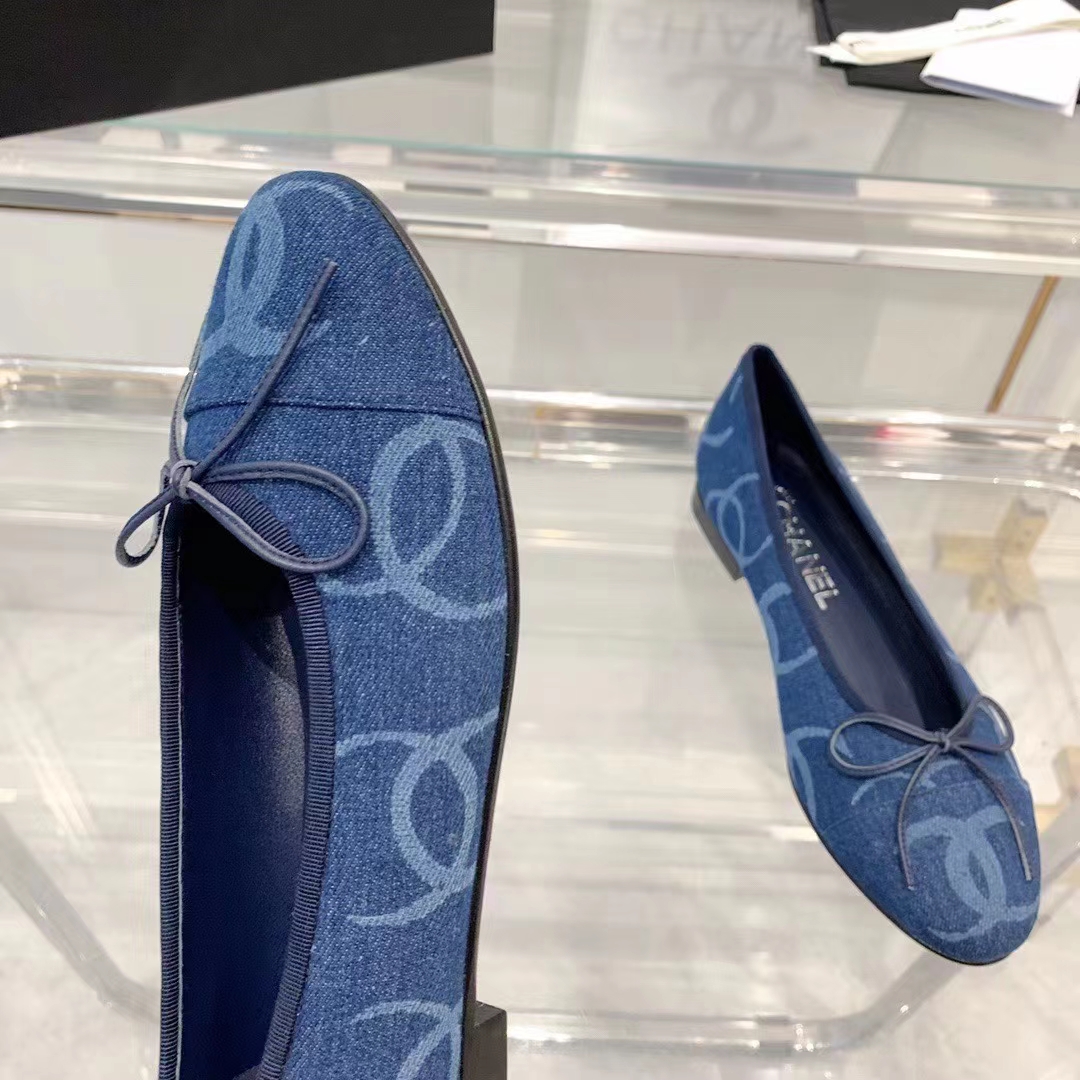 Chanel Women CC Ballet Flats Printed Denim Dark Blue White