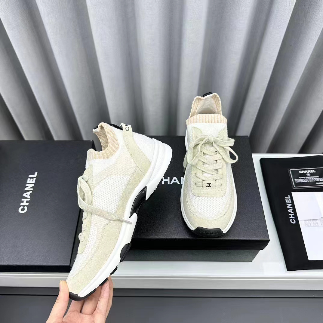 Chanel Women CC Sneakers Knit Suede Calfskin Ivory