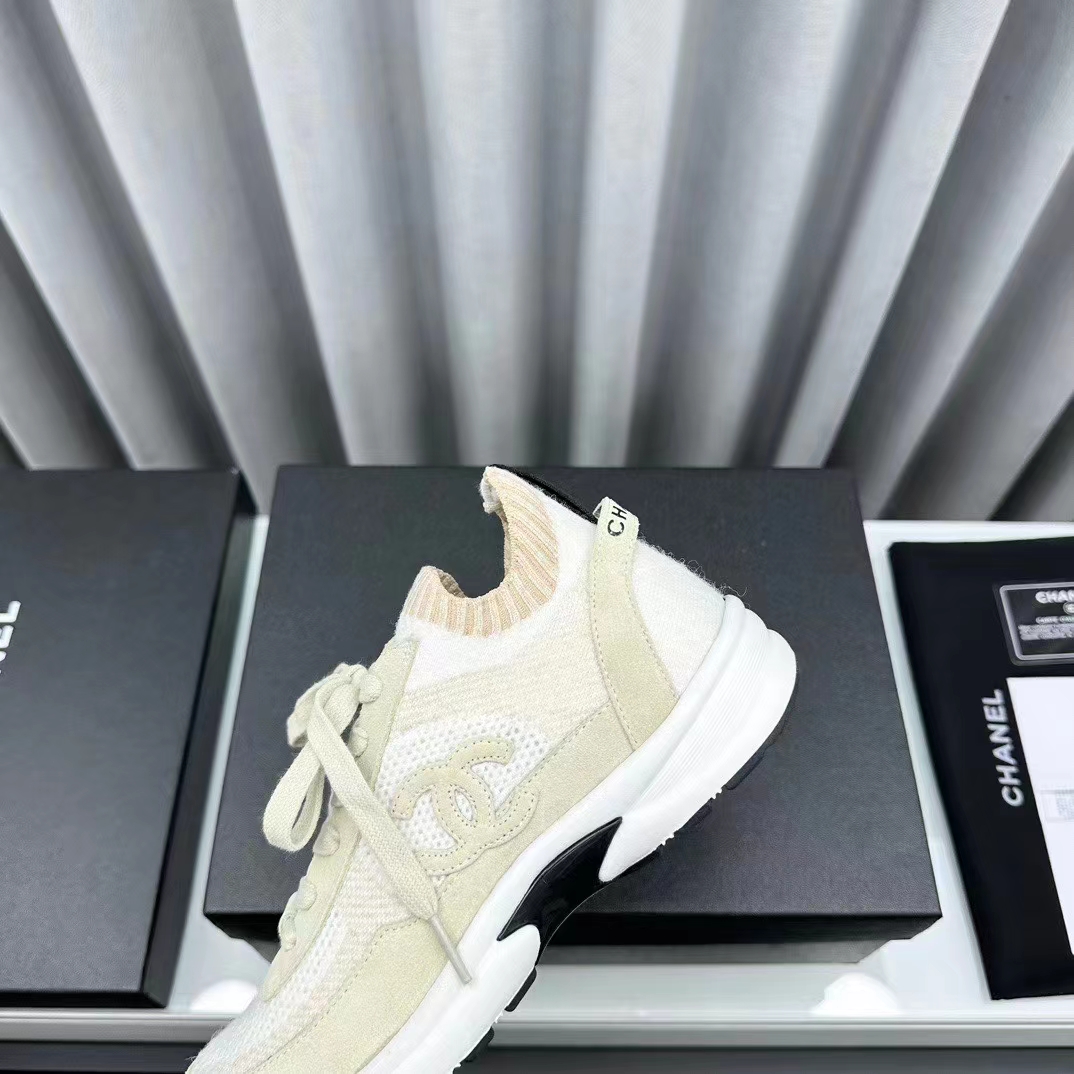 Chanel Women CC Sneakers Knit Suede Calfskin Ivory