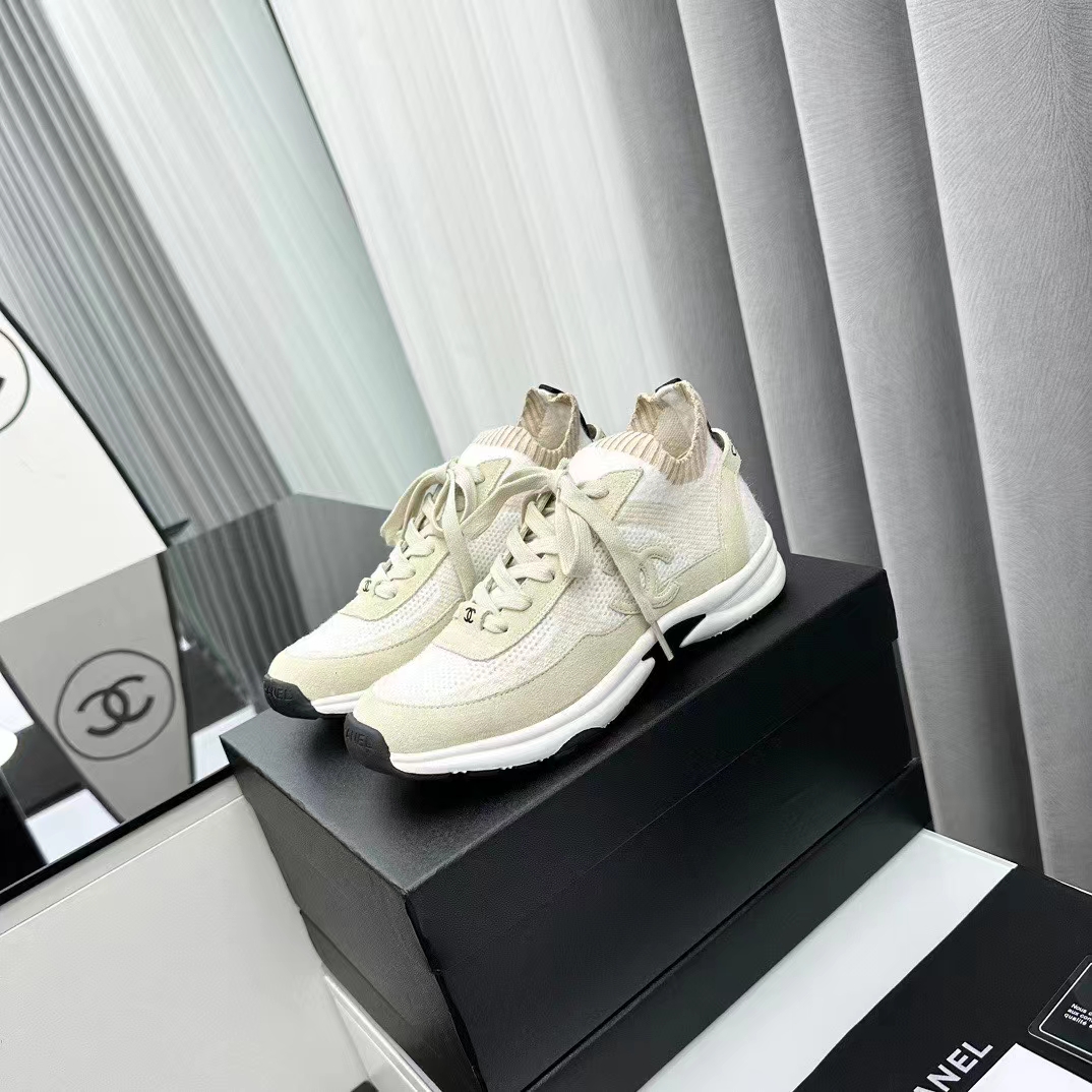 Chanel Women CC Sneakers Knit Suede Calfskin Ivory