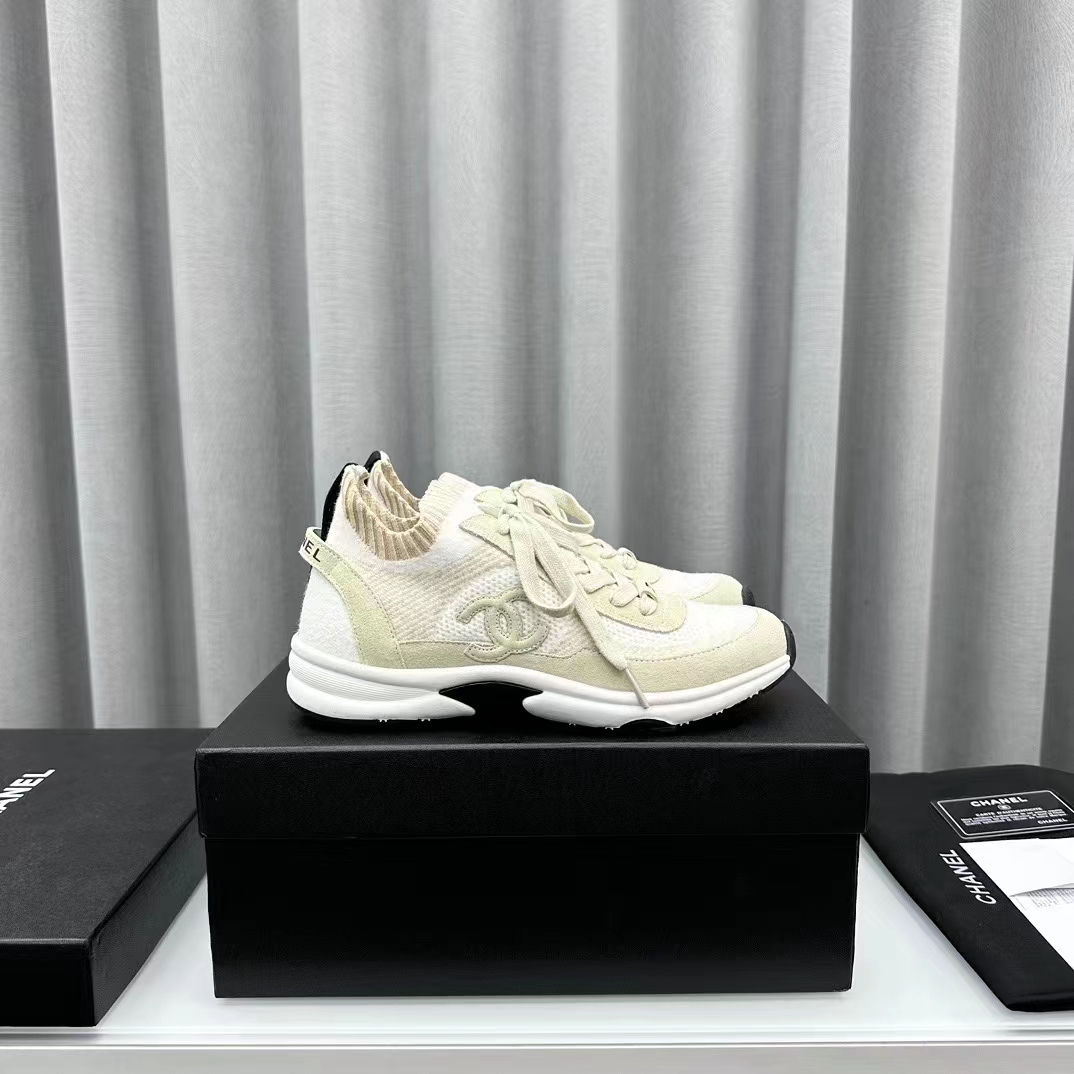 Chanel Women CC Sneakers Knit Suede Calfskin Ivory