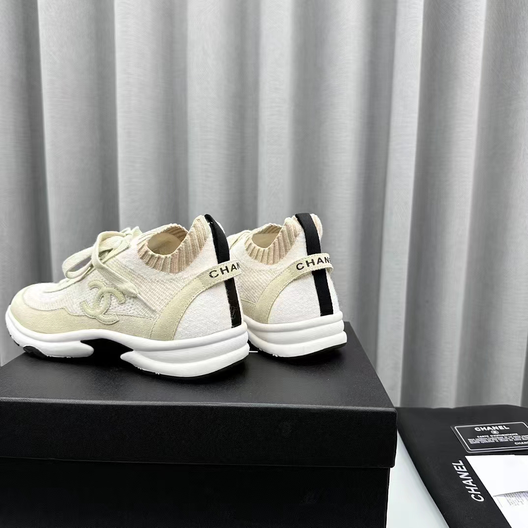 Chanel Women CC Sneakers Knit Suede Calfskin Ivory