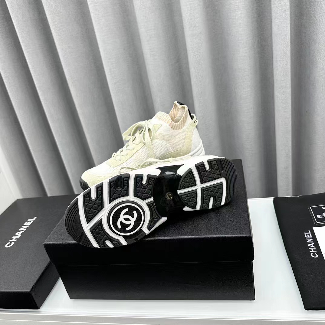 Chanel Women CC Sneakers Knit Suede Calfskin Ivory