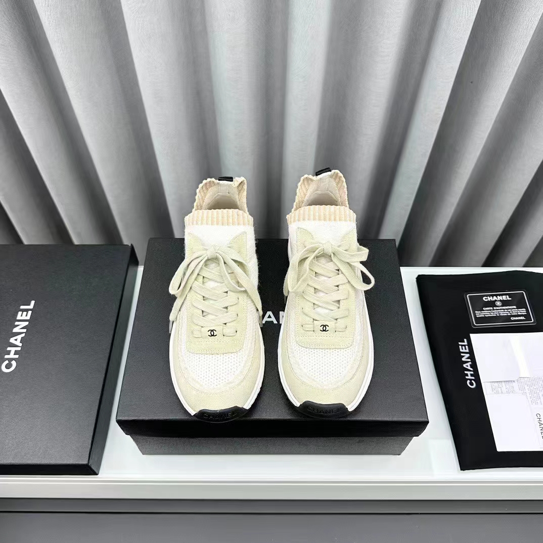 Chanel Women CC Sneakers Knit Suede Calfskin Ivory