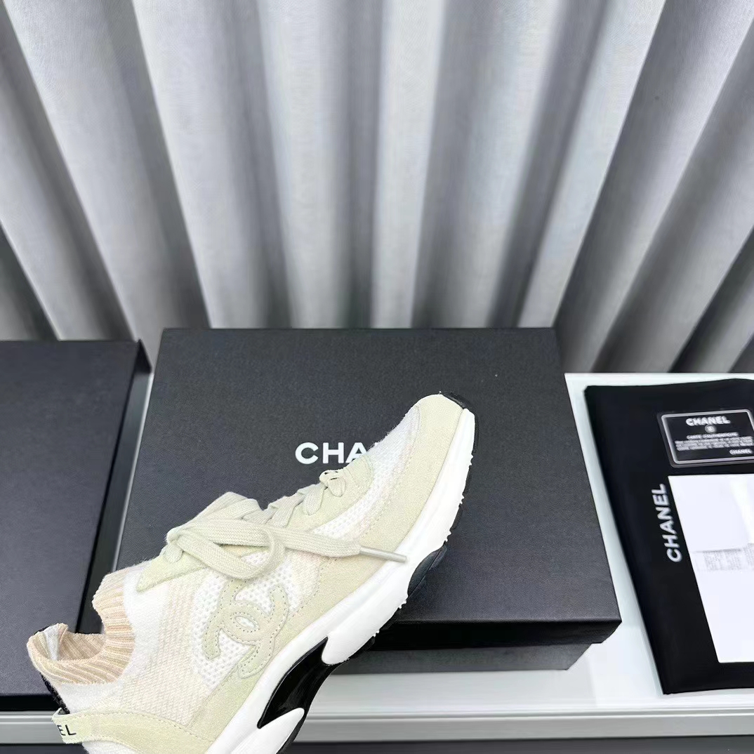 Chanel Women CC Sneakers Knit Suede Calfskin Ivory