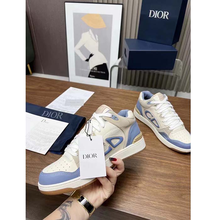 Dior Unisex CD B57 Mid-Top Sneaker Blue Cream Smooth Calfskin Beige Suede