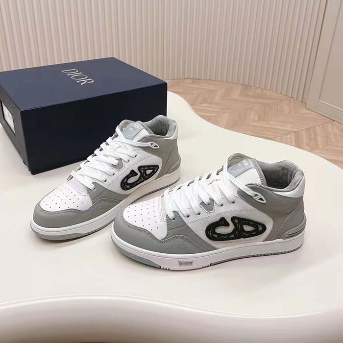 Dior Unisex CD B57 Mid-Top Sneaker Gray White Smooth Calfskin Beige Black Oblique Jacquard