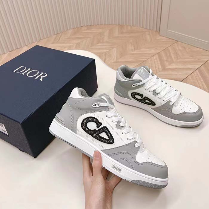 Dior Unisex CD B57 Mid-Top Sneaker Gray White Smooth Calfskin Beige Black Oblique Jacquard