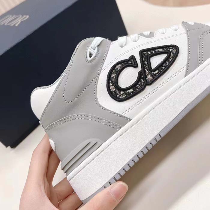 Dior Unisex CD B57 Mid-Top Sneaker Gray White Smooth Calfskin Beige Black Oblique Jacquard