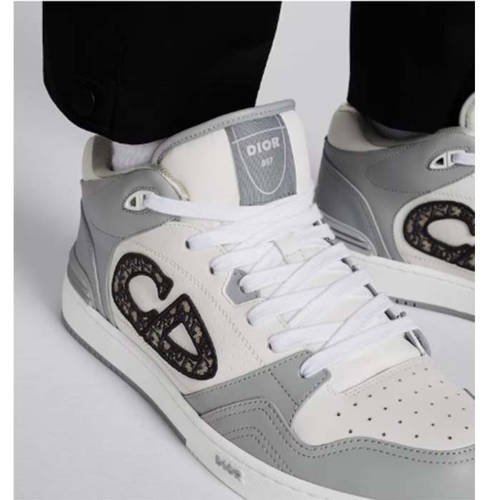 Dior Unisex CD B57 Mid-Top Sneaker Gray White Smooth Calfskin Beige Black Oblique Jacquard