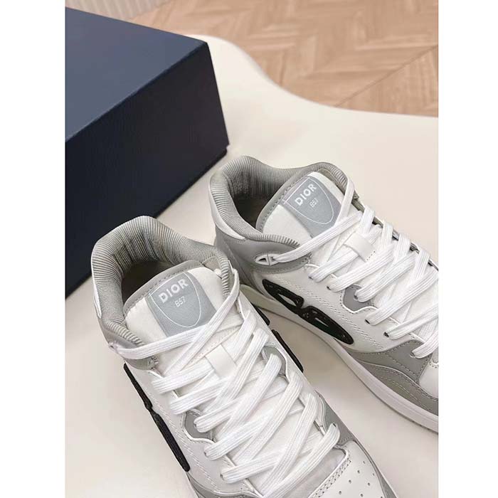 Dior Unisex CD B57 Mid-Top Sneaker Gray White Smooth Calfskin Beige Black Oblique Jacquard