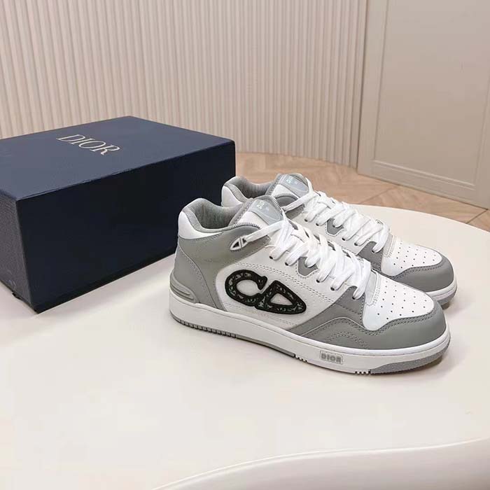 Dior Unisex CD B57 Mid-Top Sneaker Gray White Smooth Calfskin Beige Black Oblique Jacquard