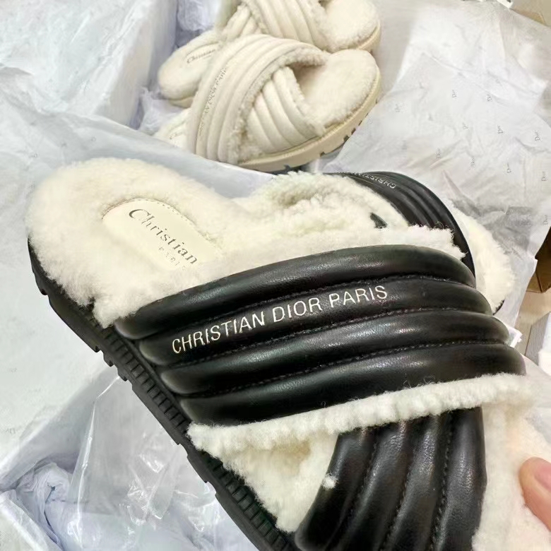 Dior Unisex CD D-Cross Slide Powder Black Lambskin White Shearling
