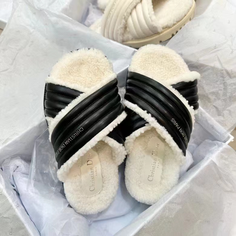 Dior Unisex CD D-Cross Slide Powder Black Lambskin White Shearling