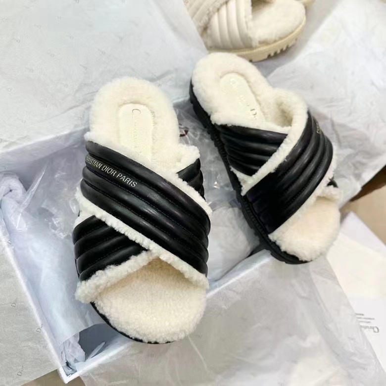 Dior Unisex CD D-Cross Slide Powder Black Lambskin White Shearling